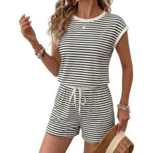 image:imageEkouaer Womens Rompers for Summer Casual One Piece Short Jumpsuit 2026 Striped Cap Sleeve Beach Clothes Travel OutfitsBeige Striped