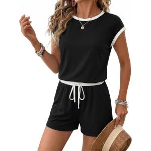 image:imageEkouaer Womens Rompers for Summer Casual One Piece Short Jumpsuit 2026 Striped Cap Sleeve Beach Clothes Travel OutfitsBlack