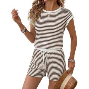 image:imageEkouaer Womens Rompers for Summer Casual One Piece Short Jumpsuit 2026 Striped Cap Sleeve Beach Clothes Travel OutfitsBrown Beige Striped