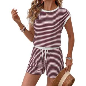 image:imageEkouaer Womens Rompers for Summer Casual One Piece Short Jumpsuit 2026 Striped Cap Sleeve Beach Clothes Travel OutfitsDark Red Striped