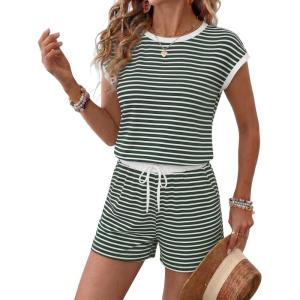 image:imageEkouaer Womens Rompers for Summer Casual One Piece Short Jumpsuit 2026 Striped Cap Sleeve Beach Clothes Travel OutfitsGreen Striped