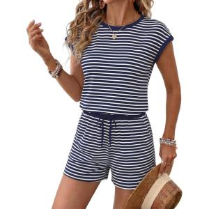 image:imageEkouaer Womens Rompers for Summer Casual One Piece Short Jumpsuit 2026 Striped Cap Sleeve Beach Clothes Travel OutfitsNavy Blue Striped