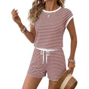 image:imageEkouaer Womens Rompers for Summer Casual One Piece Short Jumpsuit 2026 Striped Cap Sleeve Beach Clothes Travel OutfitsPink Striped
