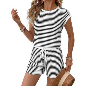 image:imageEkouaer Womens Rompers for Summer Casual One Piece Short Jumpsuit 2026 Striped Cap Sleeve Beach Clothes Travel OutfitsWhite Striped
