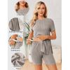 image:imageEkouaer Maternity Sets 2 Piece Outfits Ribbed Knit Short Sleeve Shirts and Biker Shorts Pregnancy Loungewear Mama ClothesLight Khaki