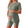 image:imageEkouaer Maternity Sets 2 Piece Outfits Ribbed Knit Short Sleeve Shirts and Biker Shorts Pregnancy Loungewear Mama ClothesLight Green