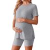 image:imageEkouaer Maternity Sets 2 Piece Outfits Ribbed Knit Short Sleeve Shirts and Biker Shorts Pregnancy Loungewear Mama ClothesLight Grey