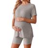 image:imageEkouaer Maternity Sets 2 Piece Outfits Ribbed Knit Short Sleeve Shirts and Biker Shorts Pregnancy Loungewear Mama ClothesLight Khaki