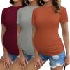 image:imageEkouaer Maternity Shirts Womens 3 Packs Short Sleeve Ribbed Pregnancy Tops Side Ruched Crew Neck Tunic Mama Clothes SXXL3pcs Caramel Burgundy Red Grey