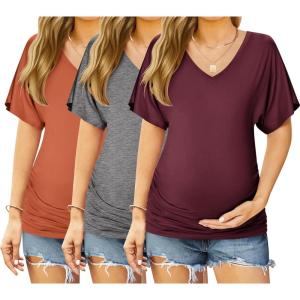 image:imageEkouaer 3 Pack Maternity Shirts V Neck Dolman Sleeve Side Ruched Pregnancy Tops Tunic BlouseA GreyBurgundyBrick Red