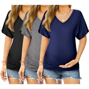image:imageEkouaer 3 Pack Maternity Shirts V Neck Dolman Sleeve Side Ruched Pregnancy Tops Tunic BlouseBlackBlueGrey