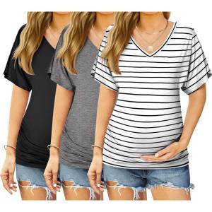 image:imageEkouaer 3 Pack Maternity Shirts V Neck Dolman Sleeve Side Ruched Pregnancy Tops Tunic BlouseBlackGreyStripe