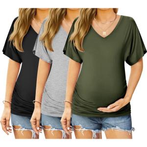 image:imageEkouaer 3 Pack Maternity Shirts V Neck Dolman Sleeve Side Ruched Pregnancy Tops Tunic BlouseGreyBlackArmy Green