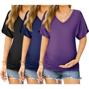 image:imageEkouaer 3 Pack Maternity Shirts V Neck Dolman Sleeve Side Ruched Pregnancy Tops Tunic BlousePurpleBlueBlack