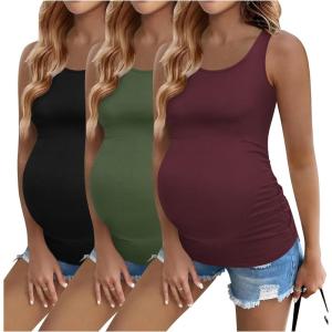 image:imageEkouaer 3 Pack Women Maternity Tank Tops Ruch Side Basic Shirts Summer Postpartum Tops Sleeveless Pregnancy Workout ClothesBlackArmy GreenDark Red