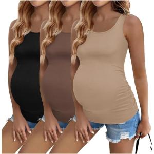 image:imageEkouaer 3 Pack Women Maternity Tank Tops Ruch Side Basic Shirts Summer Postpartum Tops Sleeveless Pregnancy Workout ClothesBlackBeigeCoffee