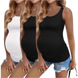 image:imageEkouaer 3 Pack Women Maternity Tank Tops Ruch Side Basic Shirts Summer Postpartum Tops Sleeveless Pregnancy Workout ClothesBlackBlackWhite