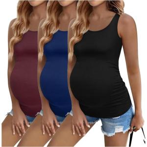image:imageEkouaer 3 Pack Women Maternity Tank Tops Ruch Side Basic Shirts Summer Postpartum Tops Sleeveless Pregnancy Workout ClothesBlackBlueRed