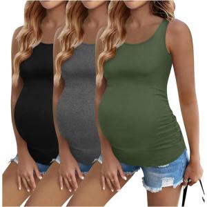 image:imageEkouaer 3 Pack Women Maternity Tank Tops Ruch Side Basic Shirts Summer Postpartum Tops Sleeveless Pregnancy Workout ClothesBlackDark GreyArmy Green