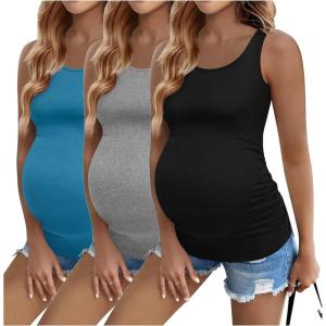 image:imageEkouaer 3 Pack Women Maternity Tank Tops Ruch Side Basic Shirts Summer Postpartum Tops Sleeveless Pregnancy Workout ClothesBlackMedium GrayBlue Green