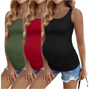 image:imageEkouaer 3 Pack Women Maternity Tank Tops Ruch Side Basic Shirts Summer Postpartum Tops Sleeveless Pregnancy Workout ClothesBlackRedArmy Green