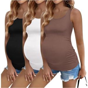 image:imageEkouaer 3 Pack Women Maternity Tank Tops Ruch Side Basic Shirts Summer Postpartum Tops Sleeveless Pregnancy Workout ClothesBlackWhiteCoffee