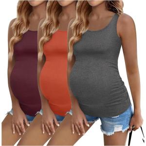 image:imageEkouaer 3 Pack Women Maternity Tank Tops Ruch Side Basic Shirts Summer Postpartum Tops Sleeveless Pregnancy Workout ClothesCaramelDark GreyRed