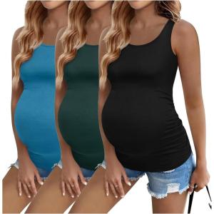 image:imageEkouaer 3 Pack Women Maternity Tank Tops Ruch Side Basic Shirts Summer Postpartum Tops Sleeveless Pregnancy Workout ClothesLake GreenBlackBlue Green