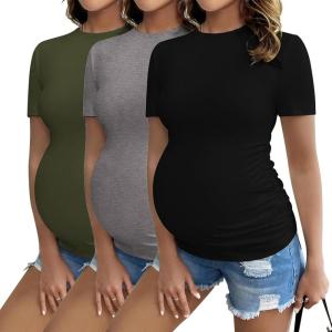 image:imageEkouaer 4 Packs Maternity Shirts Short Sleeve Crew Neck Pregnancy Tee Tops Tunic Blouse Soft Mama Clothes SXXL3pcs Black  Army Green  Grey