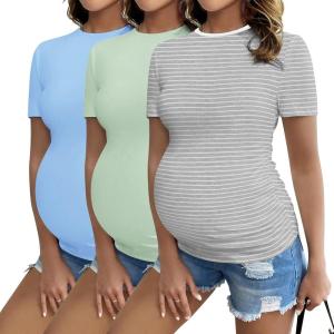 image:imageEkouaer 4 Packs Maternity Shirts Short Sleeve Crew Neck Pregnancy Tee Tops Tunic Blouse Soft Mama Clothes SXXL3pcs Light Grey  Light Blue  Grey Stripe