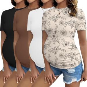 image:imageEkouaer 4 Packs Maternity Shirts Short Sleeve Crew Neck Pregnancy Tee Tops Tunic Blouse Soft Mama Clothes SXXL4pcs Black  Brown  Floral31  White