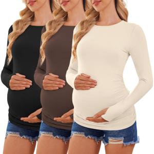 image:imageEkouaer Maternity Long Sleeve Shirt 3 Pack Crewneck Pregnancy Tops Casual Tee Side Ruched Clothes3pcs Black  Beige  Brown
