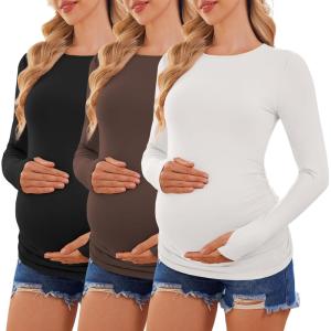 image:imageEkouaer Maternity Long Sleeve Shirt 3 Pack Crewneck Pregnancy Tops Casual Tee Side Ruched Clothes3pcs Black  Brown  White