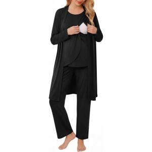 image:imageEkouaer Maternity Nursing Robe Set 3 Pieces Sleeveless Top Pregnancy Pants amp Robe Double Layer Pajamas SXXLBlack