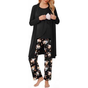 image:imageEkouaer Maternity Nursing Robe Set 3 Pieces Sleeveless Top Pregnancy Pants amp Robe Double Layer Pajamas SXXLBlack Print
