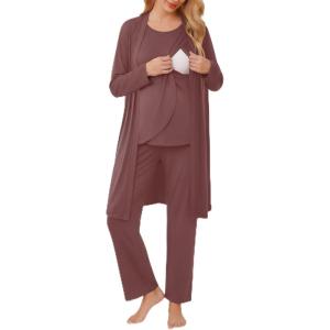image:imageEkouaer Maternity Nursing Robe Set 3 Pieces Sleeveless Top Pregnancy Pants amp Robe Double Layer Pajamas SXXLBrown
