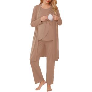 image:imageEkouaer Maternity Nursing Robe Set 3 Pieces Sleeveless Top Pregnancy Pants amp Robe Double Layer Pajamas SXXLKhaki