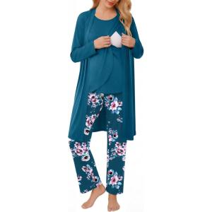 image:imageEkouaer Maternity Nursing Robe Set 3 Pieces Sleeveless Top Pregnancy Pants amp Robe Double Layer Pajamas SXXLLake Blue
