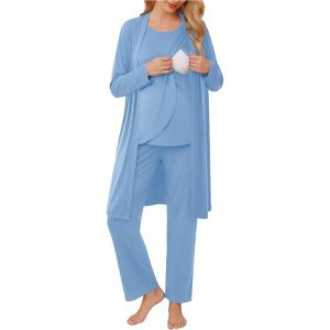 image:imageEkouaer Maternity Nursing Robe Set 3 Pieces Sleeveless Top Pregnancy Pants amp Robe Double Layer Pajamas SXXLLight Blue