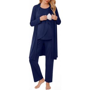 image:imageEkouaer Maternity Nursing Robe Set 3 Pieces Sleeveless Top Pregnancy Pants amp Robe Double Layer Pajamas SXXLNavy Blue