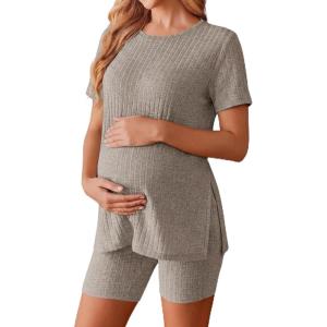 image:imageEkouaer Maternity Sets 2 Piece Outfits Ribbed Knit Short Sleeve Shirts and Biker Shorts Pregnancy Loungewear Mama Clothes01 Khaki