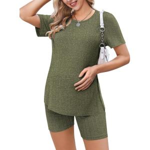 image:imageEkouaer Maternity Sets 2 Piece Outfits Ribbed Knit Short Sleeve Shirts and Biker Shorts Pregnancy Loungewear Mama Clothes02 Army Green
