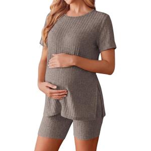 image:imageEkouaer Maternity Sets 2 Piece Outfits Ribbed Knit Short Sleeve Shirts and Biker Shorts Pregnancy Loungewear Mama ClothesBrown