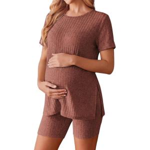 image:imageEkouaer Maternity Sets 2 Piece Outfits Ribbed Knit Short Sleeve Shirts and Biker Shorts Pregnancy Loungewear Mama ClothesCaramel