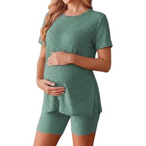 image:imageEkouaer Maternity Sets 2 Piece Outfits Ribbed Knit Short Sleeve Shirts and Biker Shorts Pregnancy Loungewear Mama ClothesGreen
