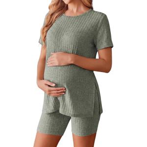 image:imageEkouaer Maternity Sets 2 Piece Outfits Ribbed Knit Short Sleeve Shirts and Biker Shorts Pregnancy Loungewear Mama ClothesLight Green