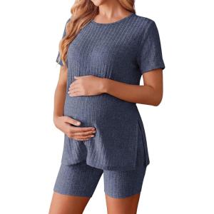 image:imageEkouaer Maternity Sets 2 Piece Outfits Ribbed Knit Short Sleeve Shirts and Biker Shorts Pregnancy Loungewear Mama ClothesNavy
