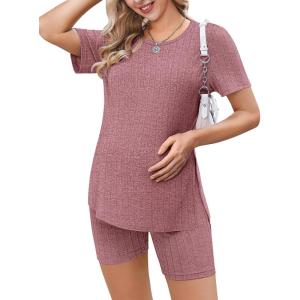 image:imageEkouaer Maternity Sets 2 Piece Outfits Ribbed Knit Short Sleeve Shirts and Biker Shorts Pregnancy Loungewear Mama ClothesPink