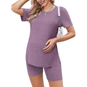 image:imageEkouaer Maternity Sets 2 Piece Outfits Ribbed Knit Short Sleeve Shirts and Biker Shorts Pregnancy Loungewear Mama ClothesPurple