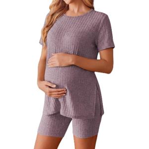 image:imageEkouaer Maternity Sets 2 Piece Outfits Ribbed Knit Short Sleeve Shirts and Biker Shorts Pregnancy Loungewear Mama ClothesPurplishred